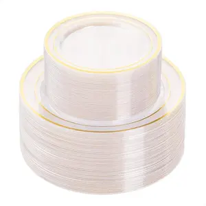 100PCS Clear Plastic Plates Set 50 Dinner & 50 Dessert Plates with Gold Trim Cutlery for Parties Weddings Birthdays Engagements Disposable Tableware