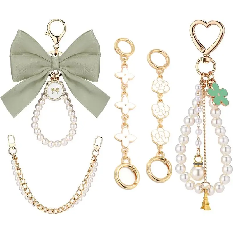 5 Piece Bag Extender Set, Cute Gold Alloy Chain Straps with Pearl Bows, Adjustable Multi-Size Extenders for Purses & Handbags, Thanksgiving, 5 Pieces, Casual Events, Bag Strap Extenders