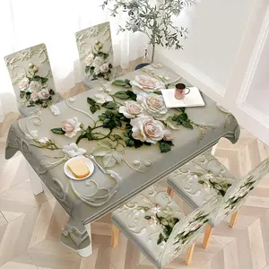 2/4/6/5/7 pieces of fashionable and high-end chair cover and tablecloth sets, thickened chair cover and tablecloth sets (1 tablecloth + 4 chair covers or 1 tablecloth + 6 chair covers), easy to care for, reusable, for home decoration