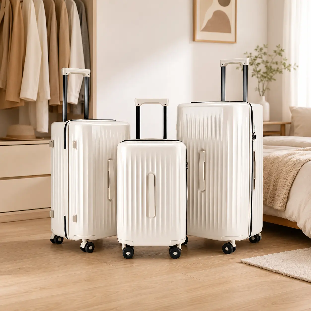 3-Piece Hardside Luggage Set, 20/24/28-Inch Suitcases with TSA Lock, 360° Smooth Rolling Wheels, Phone Stand, Side Hook, Cream White Travel Set