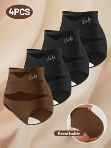 4-Pack Women's High-Waist Underwear, Plus Size, Comfortable Breathable Mesh, Cross Design, Elegant Triangle Panties, All Seasons
