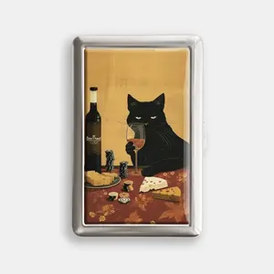 Black Cat Drinking Wine 100s or King Size Case Storage Box Card Holder Metal Wallet