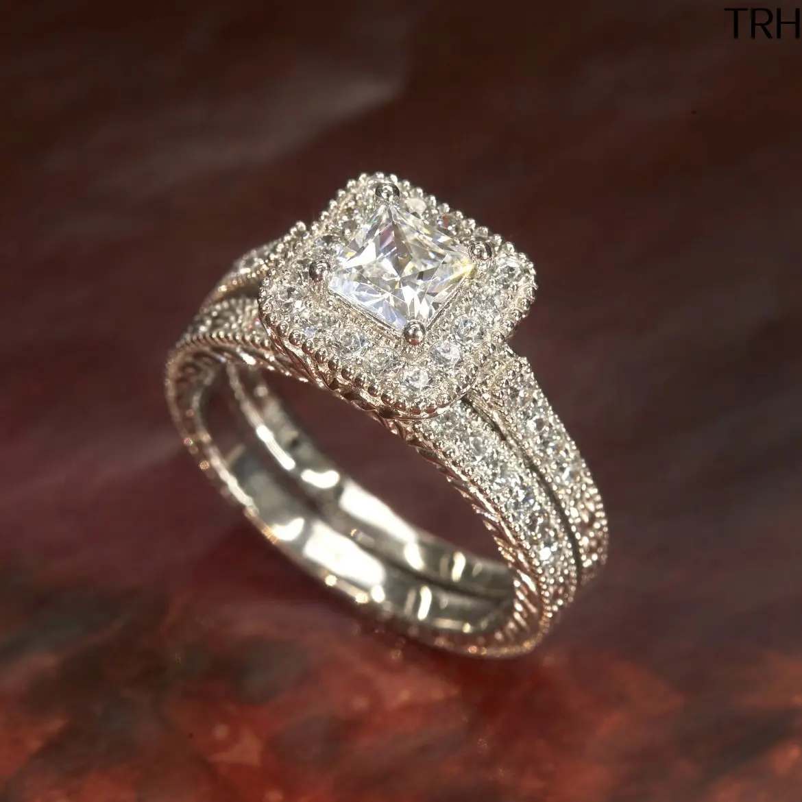 Princess Cut Halo Stackable Ring Set, 2Pcs Square Cubic Zirconia Engagement Wedding Band, Vintage Milgrain Promise Rings For Women Bridal Jewelry
