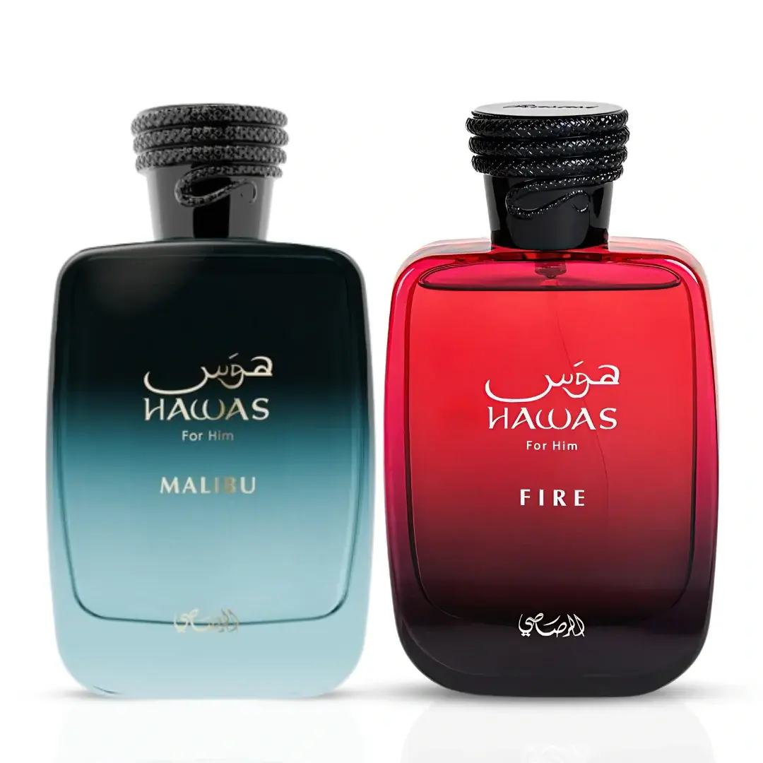 Hawas Malibu & Hawas Fire for Him Eau de Parfum Sprays 100ml (3.4 oz) By Rasasi (Bundle)