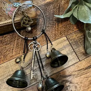 Witch Bells Door Hanger with Celtic Knot and Skeleton Key, Vintage Metal Protection Wind Chime, Wiccan Decorative Ornament for Doorknobs, Windows, and Garden, Brings Positive Energy and Spiritual Cleansing