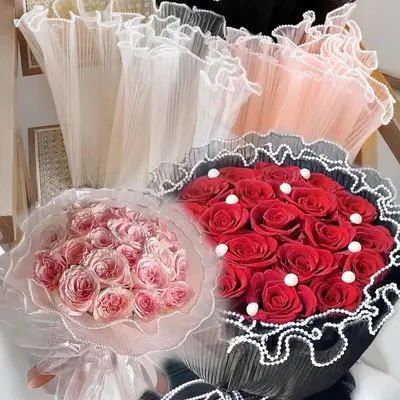 2 Pack Flower Bouquet Wrapping Paper With Pearl Edge, 11Inch*4 Yards Wrinkled Fl