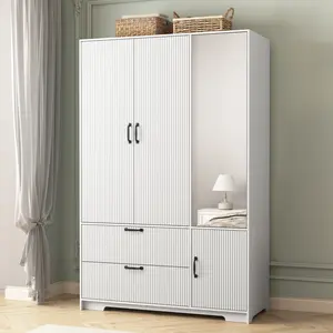 Armoire Wardrobe Closet 72" H,Armoire with Mirror Door and 2 Drawers,Wooden Wardrobe Storage Cabinet with Hanging Rod, Bedroom Closet with 4 Adjustable Shelves, White
