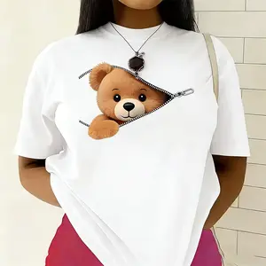 Teddy Bear In Zipper Graphic Tee – Cute Peeking Bear Print Shirt