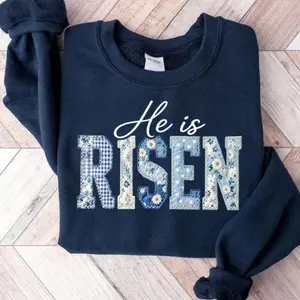 He Is Risen Blue Toile Patchwork Easter Sweatshirt T-Shirt, Chinoiserie Shabby Chic Christian Shirt, Easter Cottagecore Jesus Varsity Faith Graphic Tee, Blue White Quilt Style