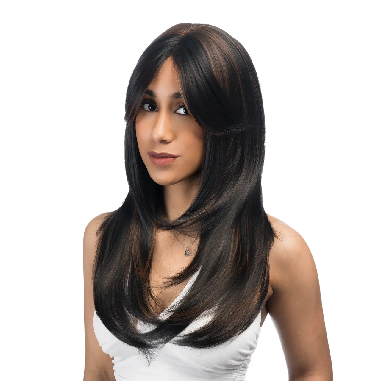 24-Inch Dark Espresso Brown (Ash Brown Highlights) Straight Wolf Cut Synthetic Wig | 【Heat Resistant】【Cap Included】 | #33 *11@31 41FSGB