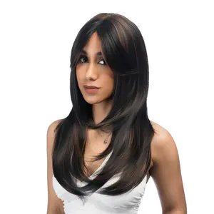 24-Inch Dark Espresso Brown (Ash Brown Highlights) Straight Wolf Cut Synthetic Wig | 【Heat Resistant】【Cap Included】 | FSGB