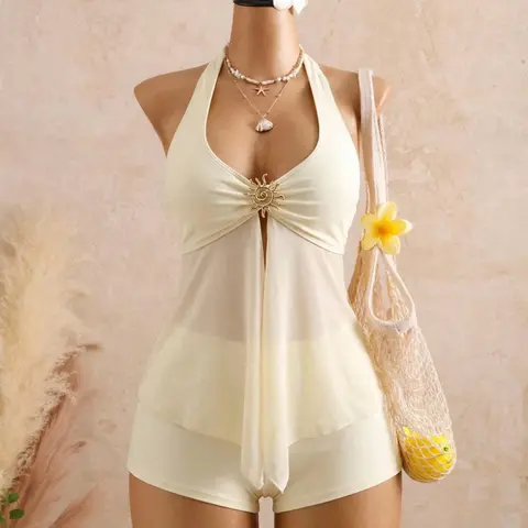 Women's Solid Color Two-Piece Set, Elegant Slimming Halter Top & Shorts for Beach Party and Vacation, Perfect for Coastal Getaways and Events Tankini Swimwear Halter Neck Tankinis Set