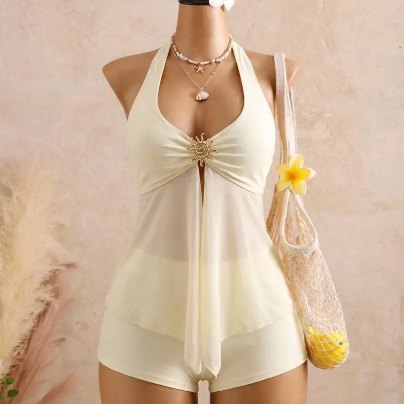 Women's Solid Color Two-Piece Set, Elegant Slimming Halter Top & Shorts for Beach Party and Vacation, Perfect for Coastal Getaways and Events Tankini Swimwear Halter Neck Tankinis Set