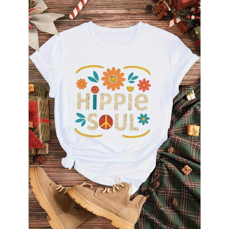 180 g 1pc bold style| HIPPIE SOUL WOMEN'S T-SHIRT- COLORFUL FLORALS WITH PEACE LOGO PATTERN, CASUAL SHORT-SLEEVED CREW NECK, HIPPIE OUTFIT