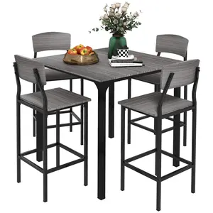 Five piece gray counter height square dining set with four metal leg stools and footrest perfect for family morning coffee casual snacks and indoor daily gathering