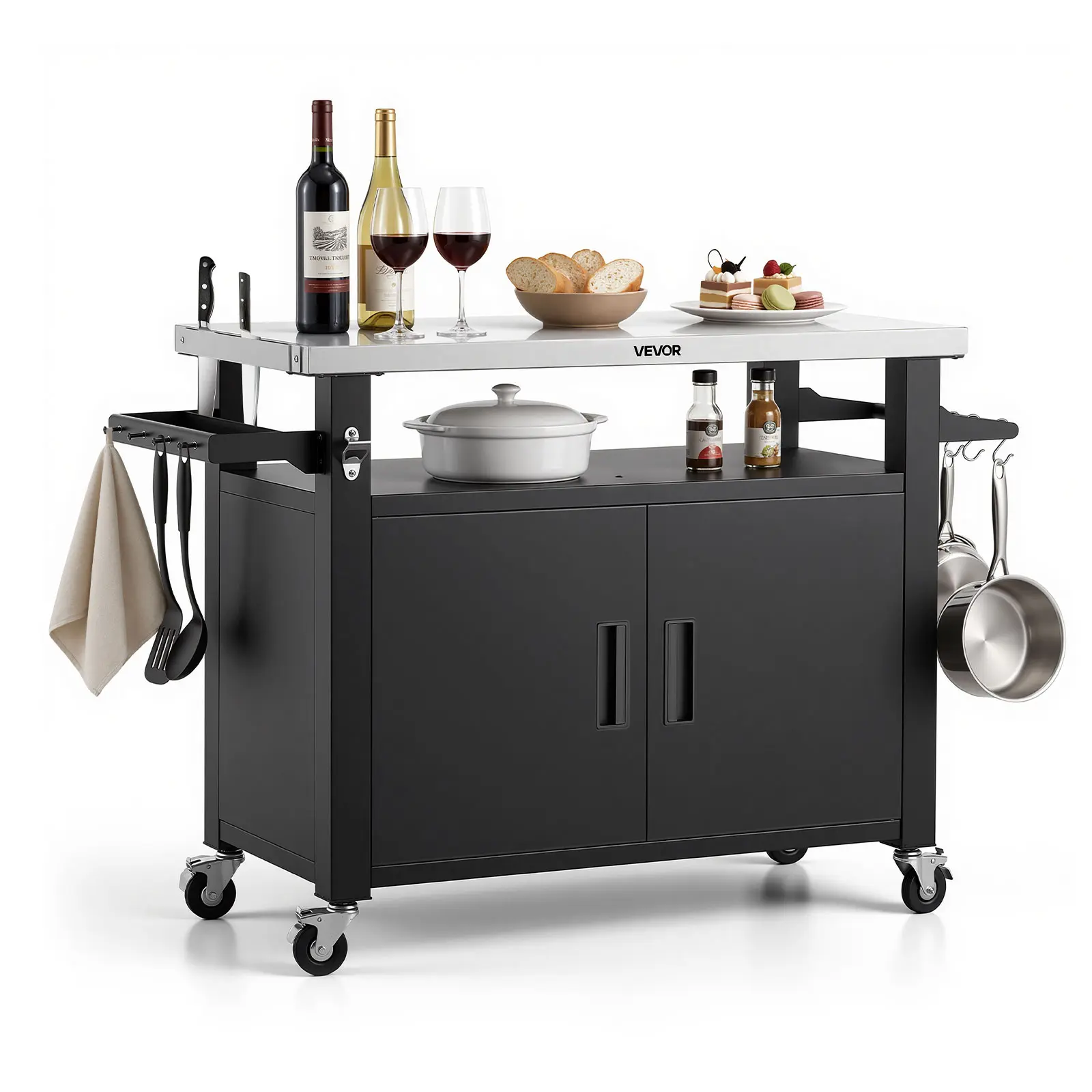 VEVOR Outdoor Grill Cart with Storage Cabinet, 53.1 Inch Grill Table, Waterproof Kitchen Island with Stainless Steel Top, Shelf, and Wheels, Movable Food Prep Station for Patio Bar Backyard BBQ