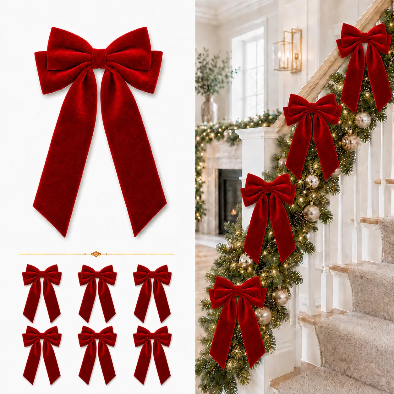 Senjie 10PCS Red Velvet Christmas Bows, Double Tail Holiday Bows for Christmas Tree, Wreath, Garland, Staircase & Gifts