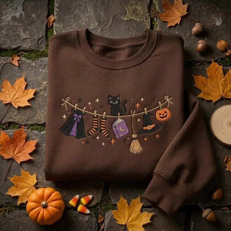 Halloween Witch Clothesline Embroidered Crewneck, Black Cat Broom Hat Book Sweatshirt, Cute Spooky Autumn Gift for Adults