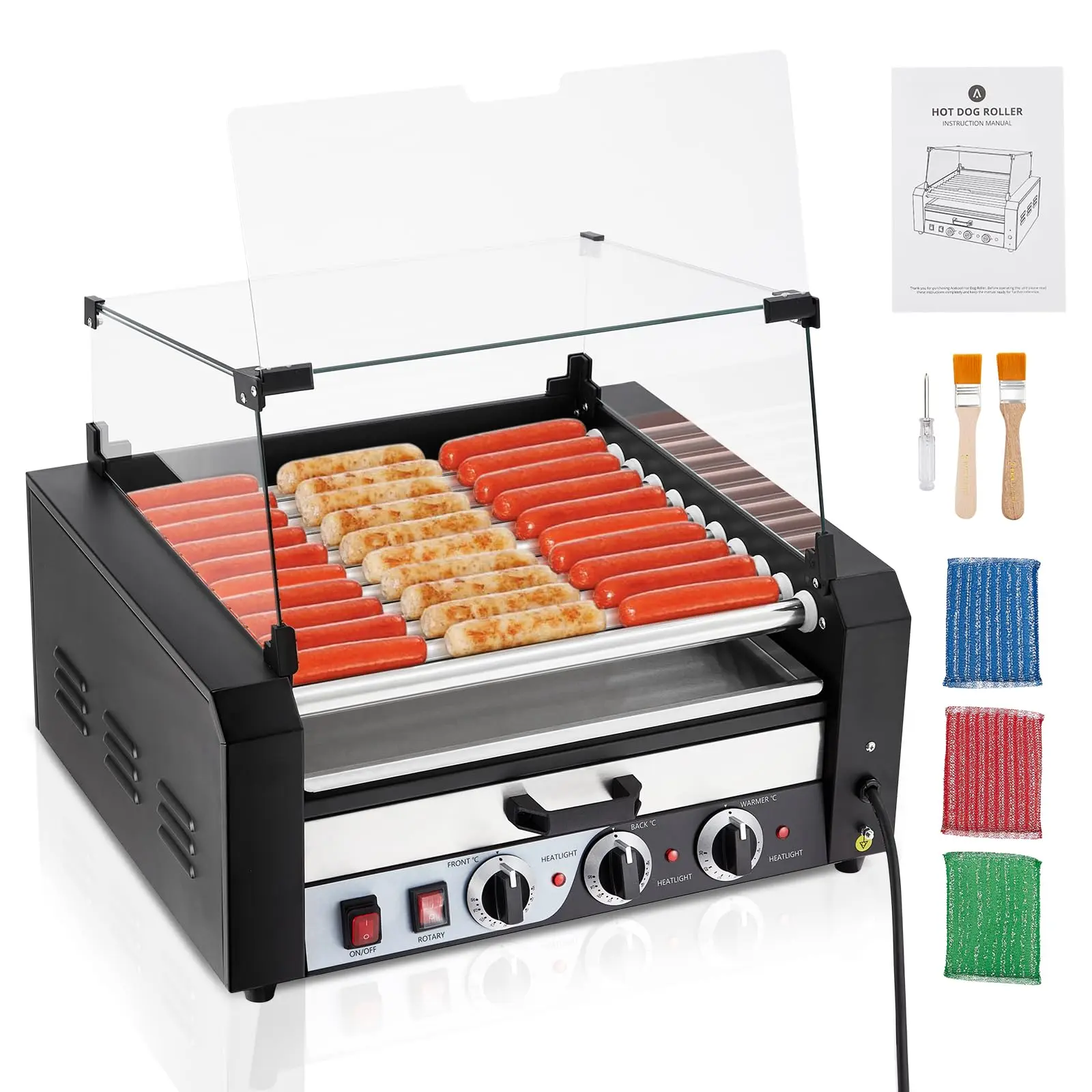 【GARVEE】Hot Dog Roller with 11 Rollers and 30 Hot Dogs Capacity, 1950W Stainless Steel Sausage Grill Cooker Machine Featuring Removable Oil Drip Tray, Dual Temperature Control, and Glass Hood Cover, Ideal for Commercial Use and Parties