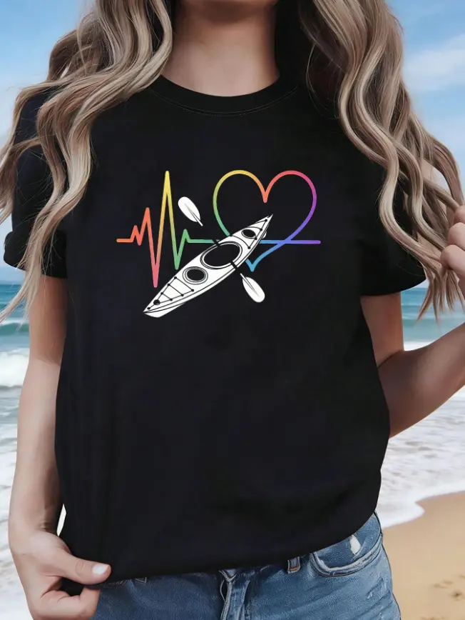 Rainbow Heartbeat Kayak Graphic Womens Tee Lakeside Camping Seaside Trip Summer Cotton Short Sleeve Heat Transfer Tshirt