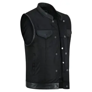 Vance Textile Mens Black SOA Club Style Leather Trimmed Textile Motorcycle Vest w/ Front Zipper and Snap Closure