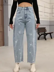 Elengatine FallFreshness Rhinestone Embellished High Waisted Wide Leg Denim Jeans for Women Trendy Y2K Style with Frayed Hem & Unique Sparkling Design Chic Casual Fit Fashionable Bottoms Womenswear Top