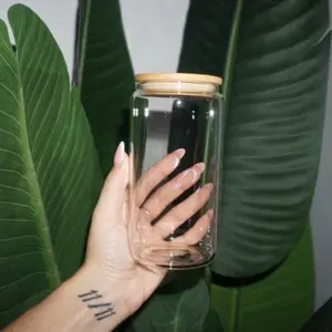 16oz Glass Cups with Bamboo Lid & Colored Straw