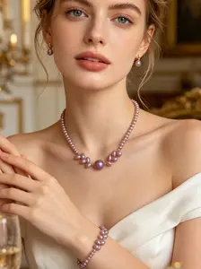 Pearl necklace and bracelet purple natural fresh water pearl