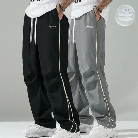 Gray Two piece Set of Lightweight Men's Sports Pants Slim Comfortable with Side Striped Accents Gold Trim Design Stylish Activewear Bottoms for Gym Workouts Double Waistband Sweatpants