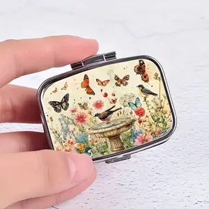 Vintage Bird Bath & Butterfly Floral Pill Case with Mirror, Double Compartment Portable Pill Organizer, Ideal for Women and Garden Enthusiasts