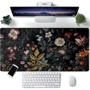 Floral Desk Mat Dark  Aesthetic Desk Pad Flower  Black Extended  Pad Large Gaming Mousepad XXL Laptop   Keyboard Mat 31.5 x 15.7 in for Office Desk Decor