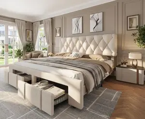 Queen/King/Full Size Upholstered Platform Bed Frame Solid Wooden Slats Bed Frame w/ 2 Storage Drawers Mattress Foundation, No Box Spring Needed