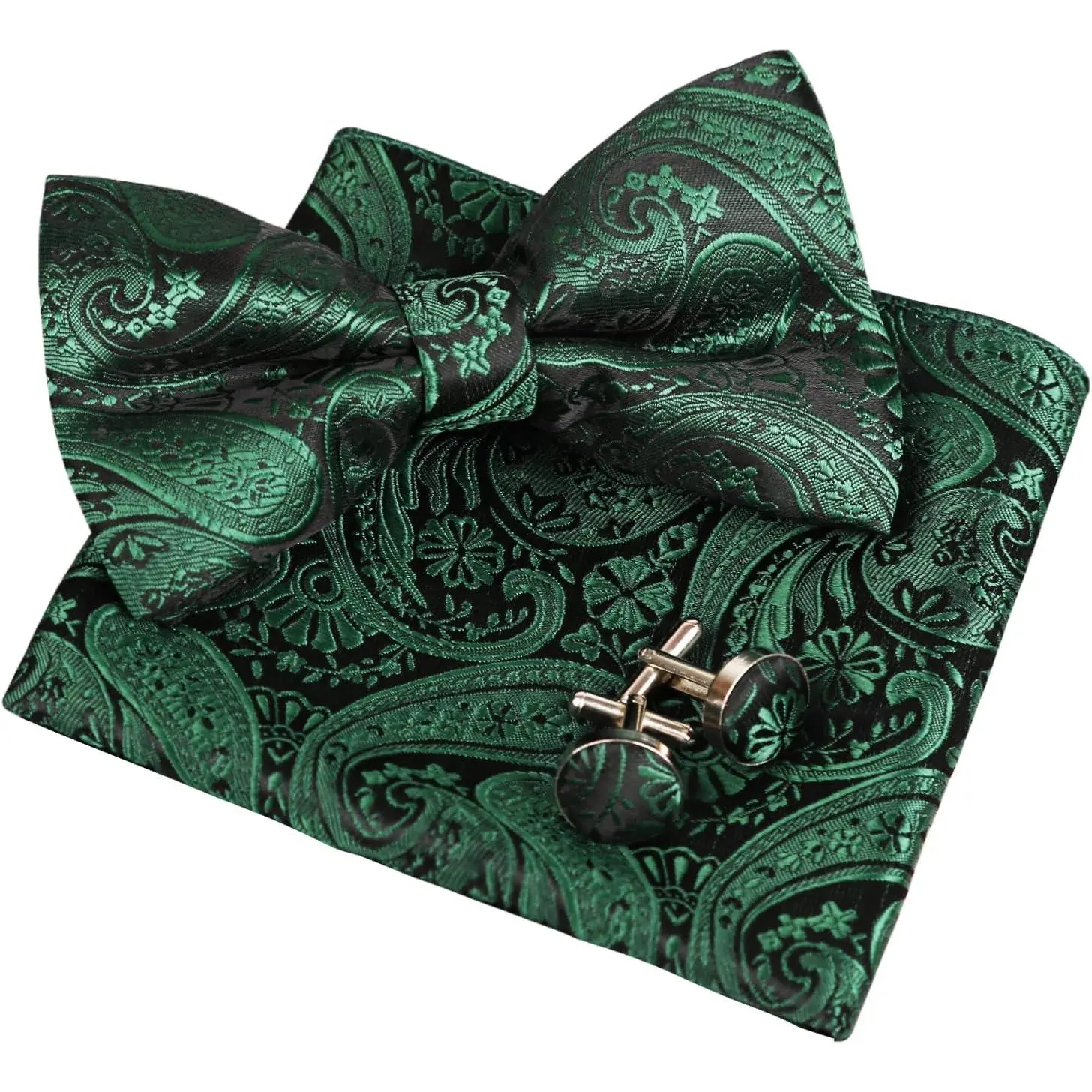 Men's Bow Tie Set with Pocket Square & Cufflinks - 3-Piece Woven Paisley Pattern Accessories for Weddings, Formal Events