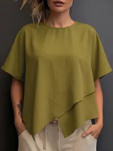 Women's Solid Color Blouse, Shirts, Casual Style Round Neck Top for Summer, Women's Clothing for Daily Wear, Patchwork