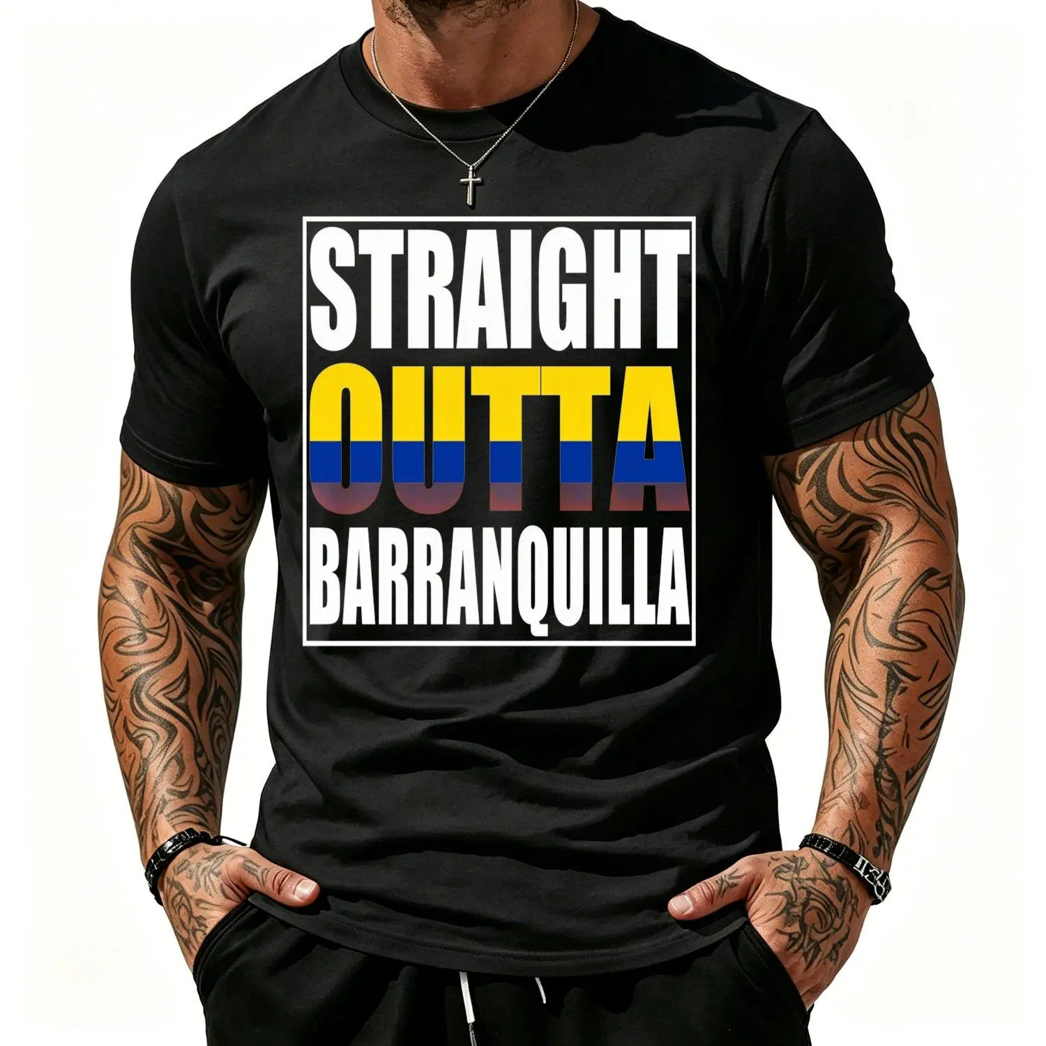 Men's Short Sleeve T-shirts Straight Outta Barranquilla Colombia Colombian Pride Graphic Tee with Spanish English Text Casual High Neck Shirt for Barranquilla Natives Year Round Gift for Colombia and Latin American Style