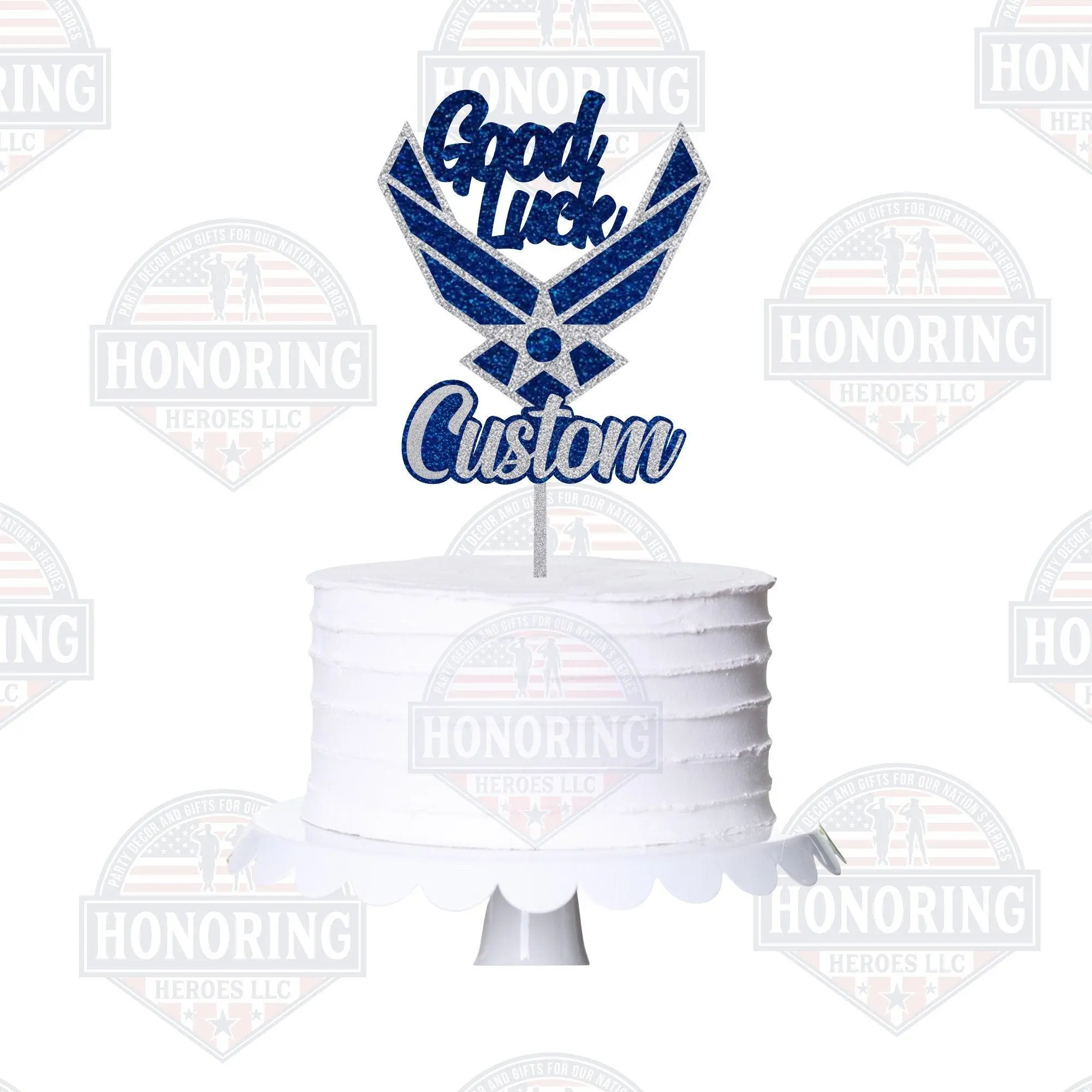 Custom Glitter USAF Cake Topper – Good Luck Air Force Wings NO SHED!