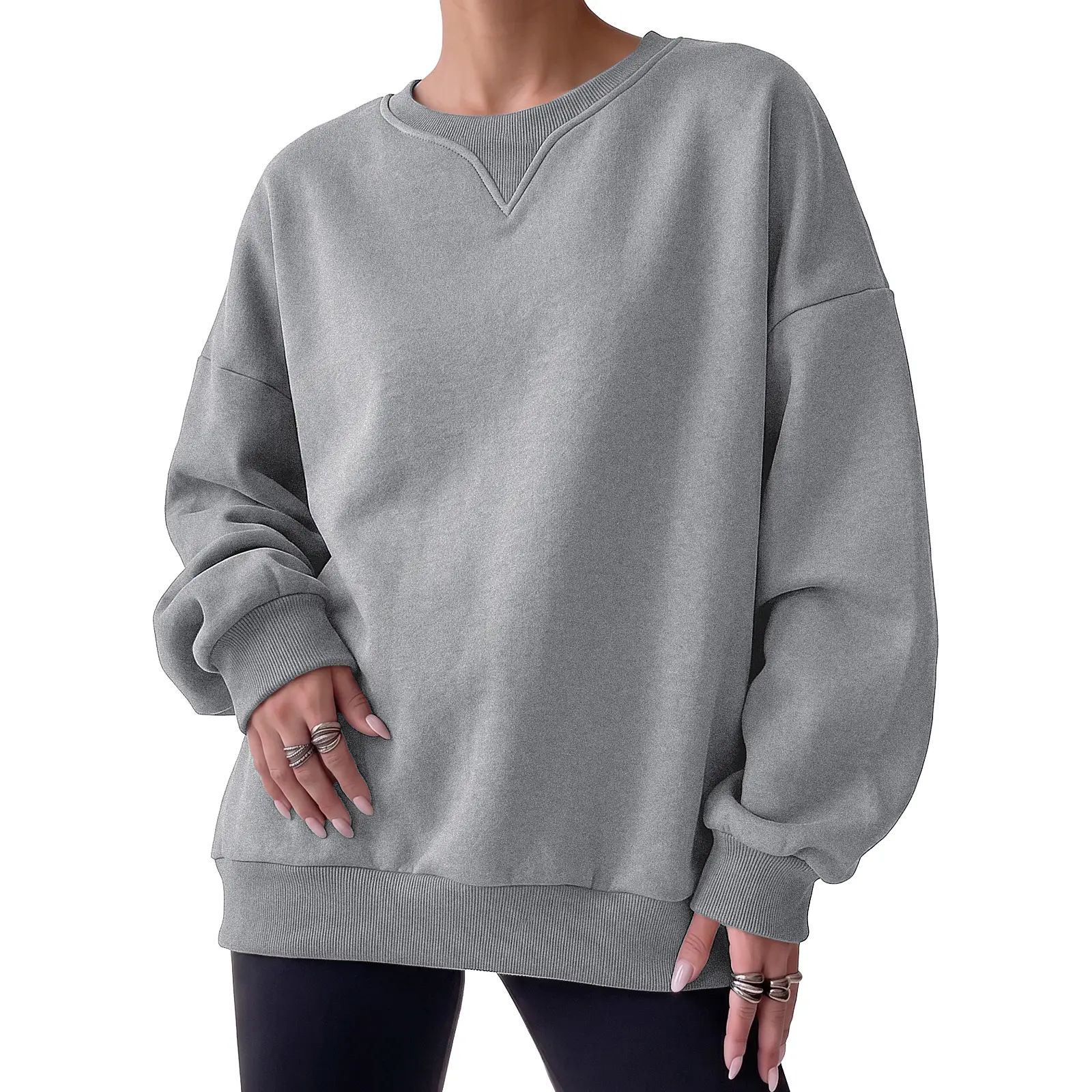 Aleumdr Women's Casual Fleece Sweatshirt, Oversized Drop Shoulder Pullover, Comfy Basic Long Sleeve Thermal Top, Longsleeves, Polyester