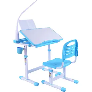 Desk for Kids Desk and Chair Set Kids Art Desk Drafting Table Desk Set with Adjustable Height, 40-Degree Tiltable Children Desktop, LED Light,Bookstand,Blue,Preschool/Children's Desk and Chair Set, Preschool Dining/Learning/Playing/Drawing/Eating/Game
