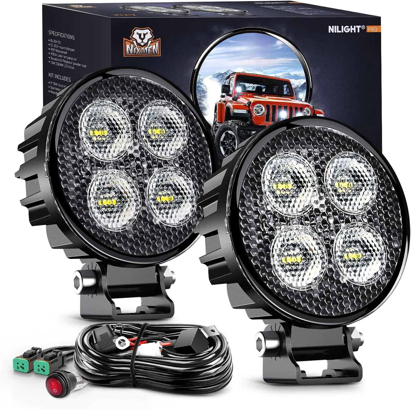 Nilight 2PCS 3 Inch Round High Output LED Car Work Lights - 1500LM Aluminum, Built-in EMC, 90° Super Flood Beam, Waterproof, 10-30V DC, Easy Install 16AWG DT Connectors Wiring Kit with Fuse for Offroad Tractors, Led Car Lights, Atv Lights