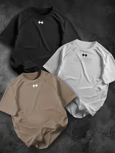 Men's Dumbbell Graphic Print Round Neck Short Sleeve T-Shirt 3 Pack, Casual Comfortable Summer Outdoor Wear, Loose Fit