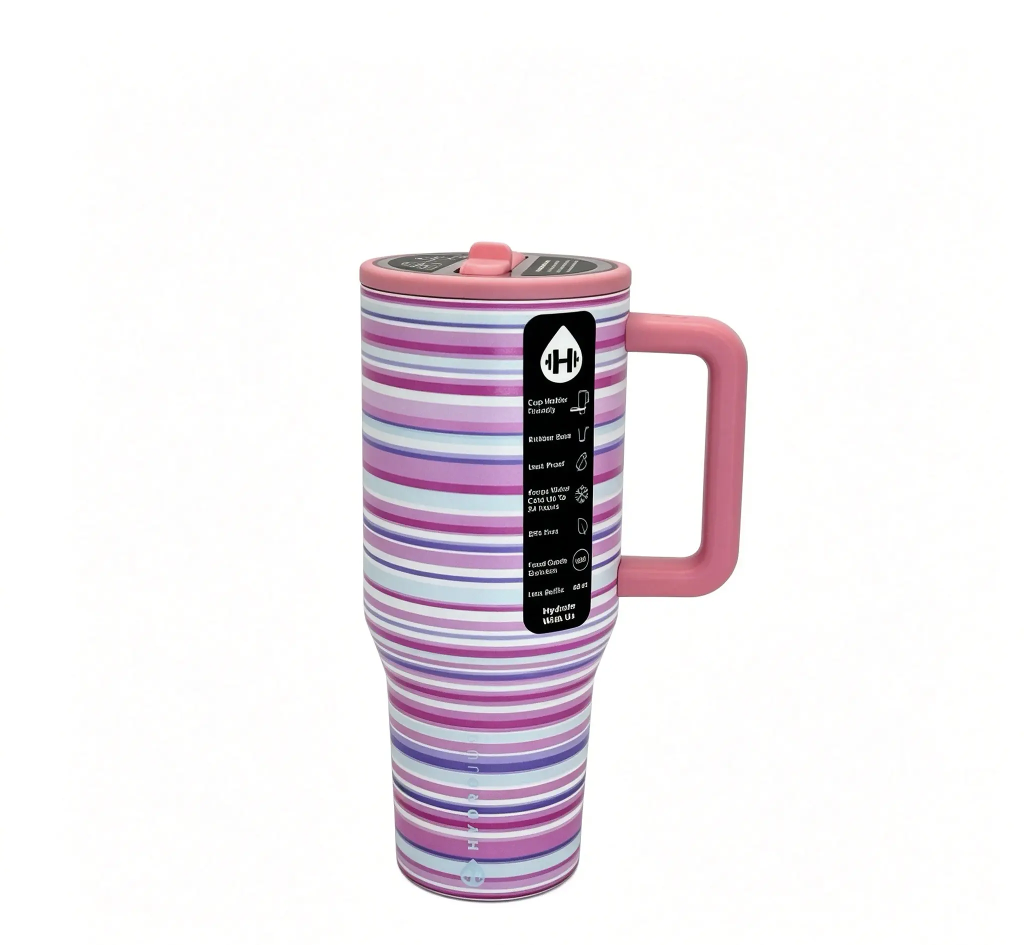 HydroJug 40oz Stainless Steel Tumbler, Light Pink Striped Print, Easy-Grip Handle, Matching Pink Straw Lid, Leak-Proof, Up To 24 Hour Cold Retention, Portable Water Bottle for Office, Camping and Fitness