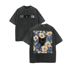 "Cat in the Flowers" Double-Sided Print T-Shirt| Retro Washed 230gsm Cotton, Men's Casual Comfortable Street Style Tee, Vintage Floral Feline Graphic Top Oversized Streetwear Menswear Soft Tshirt clothes earthy