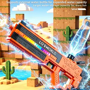 Pixel Block Electric Water Gun, Automatic Rechargeable Water Blaster with LED Flash Light, Expandable Large Capacity Water Soaker for Summer Pool Beach,Rechargeable Water Soaker for Outdoor Water Party