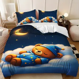 Bedding 3-piece set - 3PCS Blue and Brown Bear Cloud and Starry Sky Design Down Comforter Set (1 comforter cover + 2 pillowcases, filling not included) A perfect gift for family, soft and comfortable, suitable for family bedrooms.