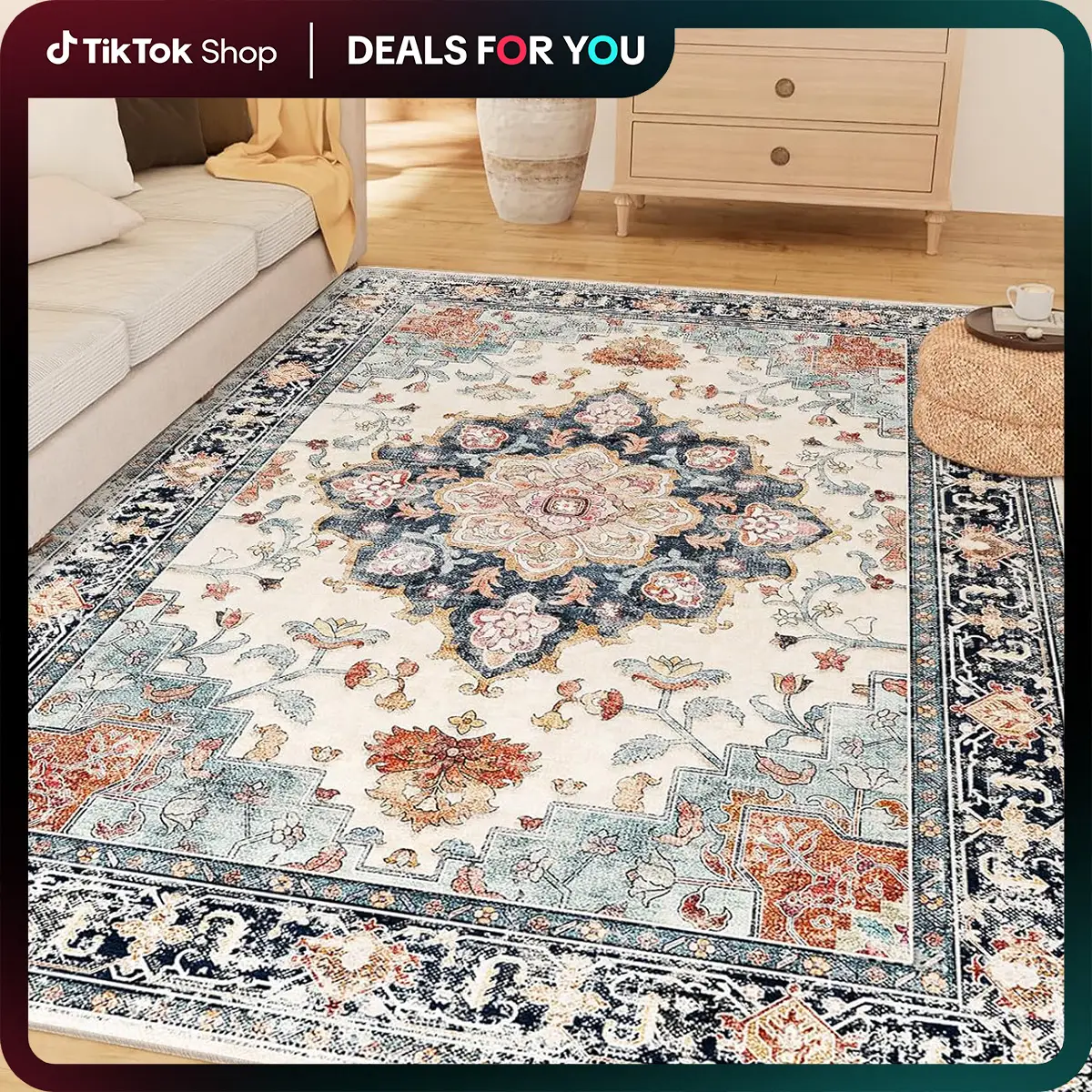 RELEANY Machine Washable Area Rugs for Living Room, Vintage Rugs Carpet Rugs Non Slip Low Pile Soft Distressed for Bedroom Indoor Decor Runner Rug Out