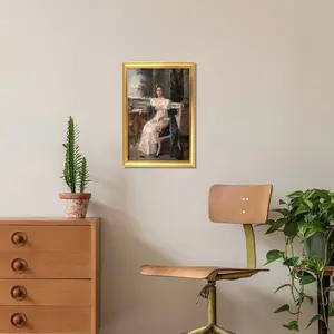 Gold-plated plastic-steel picture frame with synthetic fiber canvas and pine inner frame, featuring polystyrene PS decorative trim for interior design.