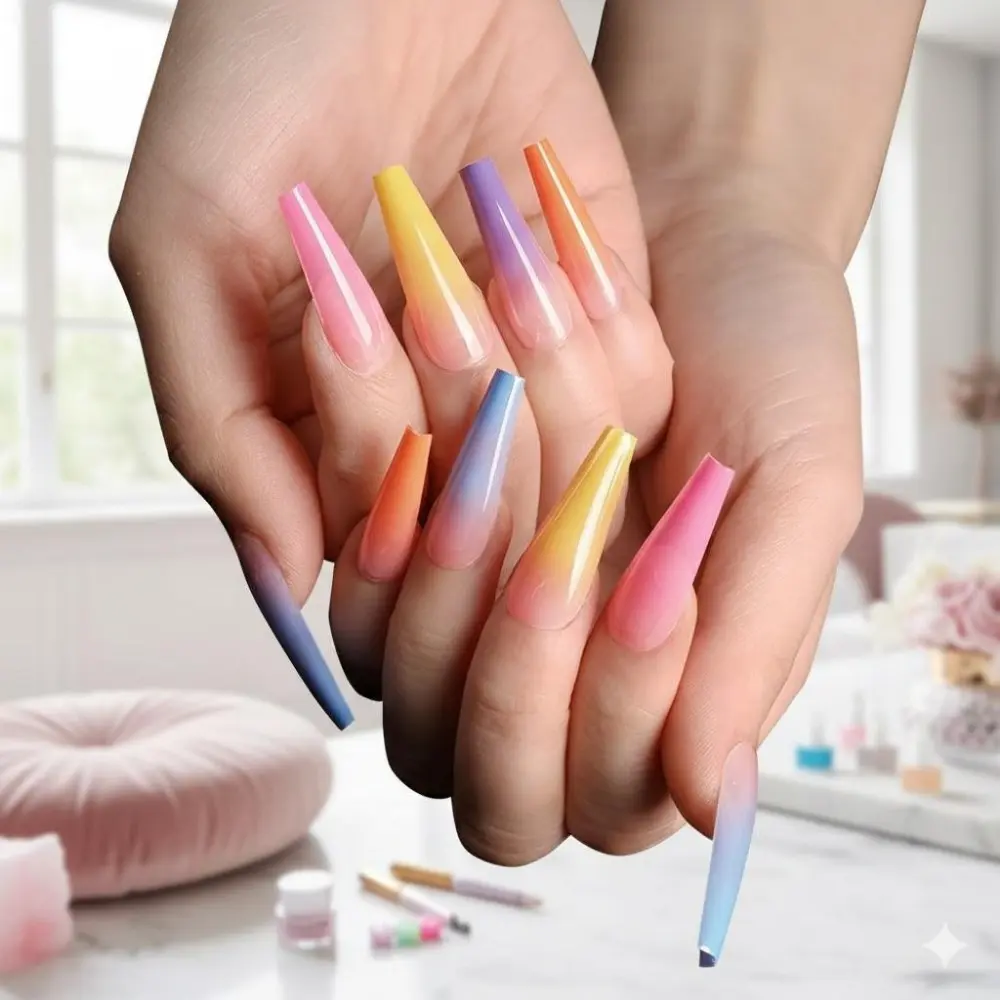 Gradient Rainbow Candy Nails DIY Full Cover Tips, Ballerina Long Coffin Style, 20Pcs Set, Ombre Multicolor Glitter, Elongating Nails for Daily Party Wear, Easy Apply Long Lasting for Beginners & Professionals.
