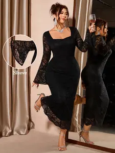 Women's Elegant Lace Dress, Square Neck Long Sleeve, Flare Sleeves, Full Embroidery, Bodycon Fit, Perfect for Evening & Party