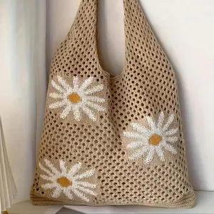 Women’s Floral Crochet Tote Bag, Boho Flower Pattern Woven Shoulder Bag, Lightweight Casual Handbag for Beach, Travel & Daily Commute, All Seasons Fashion Accessory