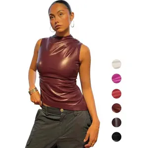 Women's Solid Ruched Mock Neck Asymmetrical Hem PU Leather Tank Top, Fall Outfits,? Lady? Comfort Casual Zipper Back Tummy Flattering Tops for Club Party Daily Outdoor Wear, Tank Tops for Women, Ladies Clothes for Fall Office Siren Outfit